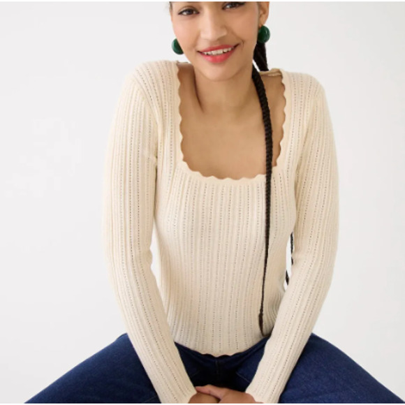 J.Crew Black Scalloped squareneck pointelle sweater NWOT XXS - Picture 2 of 5